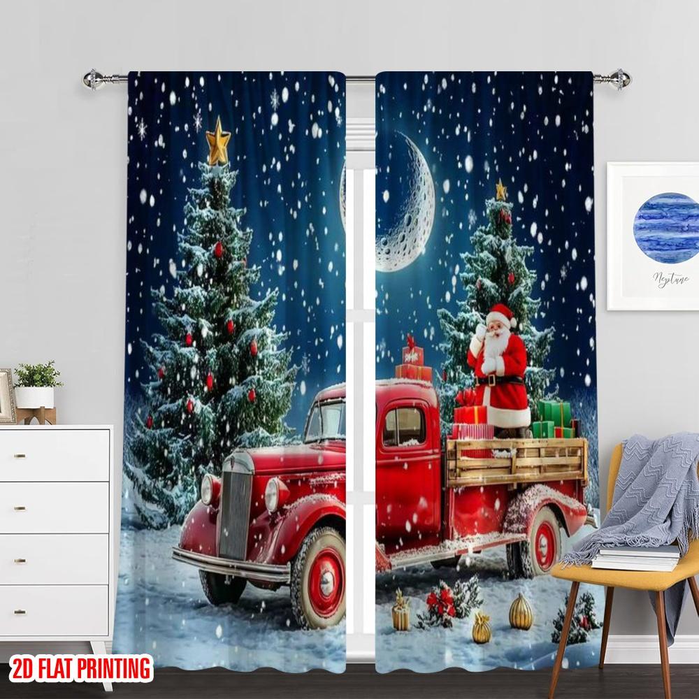 Set Of 2 Flat Printing Dark Blue Sky Christmas Snow Scenery Curtains Santa Claus Tree Bedroom Bathroom Living Curtain Polyester Perfect For Sleeping