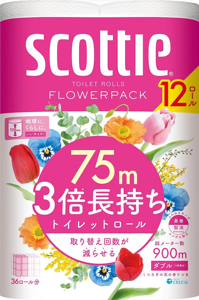 Toilet 3x Longer 12 Scotti Flower Pack Double, Lasting, 75m, Rolls,