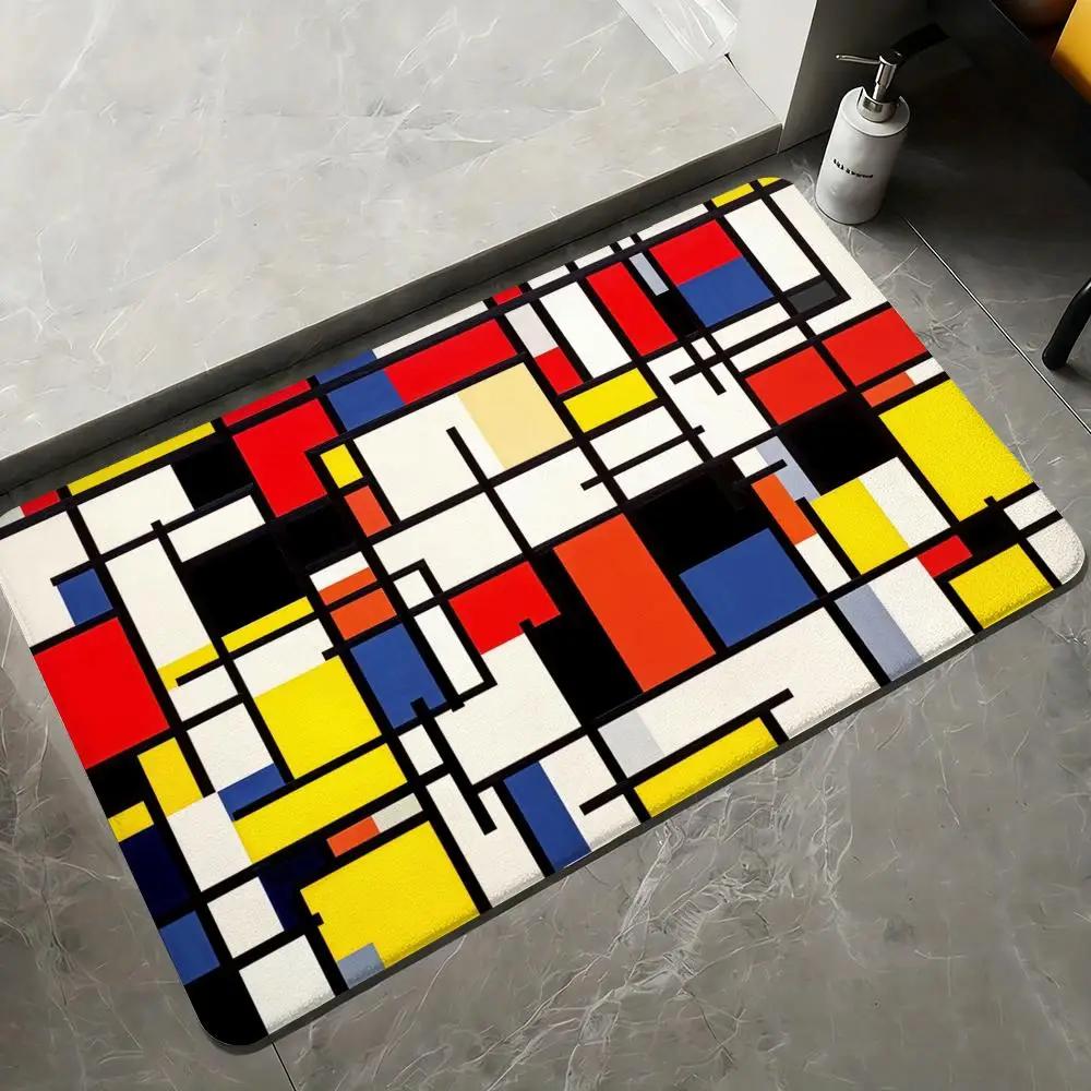 Mondrian Style Geometric Pattern Non Slip Absorbent Door Mat Modern Art Design Home Decor Rug for Bathroom Entrance Quick Dry
