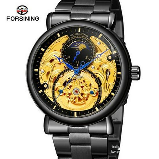 FORSINING Men's Tourbillon Moon Phase Automatic Mechanical Watch with Engraved Hollow Steel Band