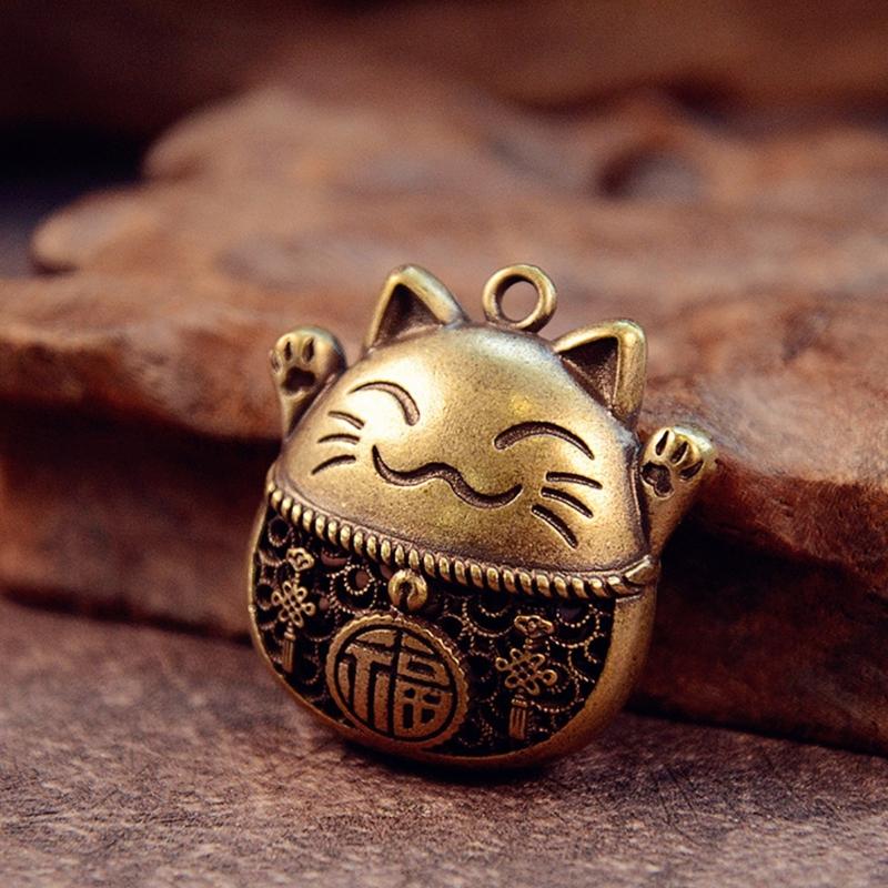 Brass Lucky Cats Charm For Wealth Home Office Decoration Travel Accessory Gift