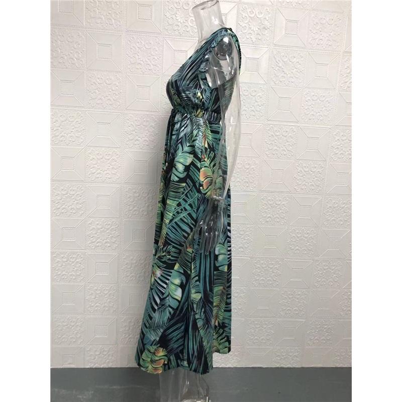 Tropical Floral Print Deep V Neck Spaghetti Strap Maxi Dress Beach Sundress