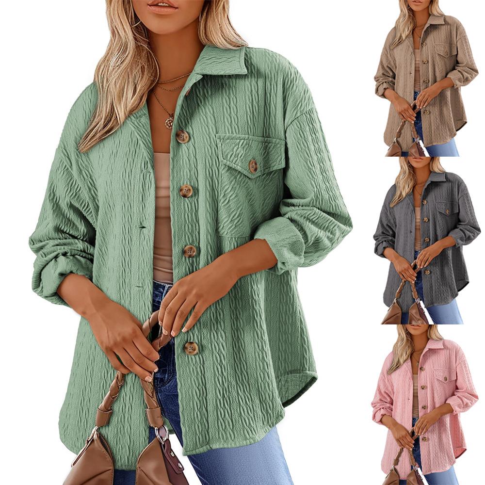2024 Women's Autumn & Winter Loose Lapel Pocket Button Coat - Solid Color, Long Sleeve