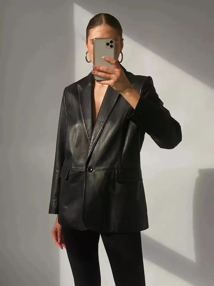 Formální Stylový Design Dámské Černé Pravé Jehněčí Kůže Měkká Kůže Blejzr Ručně Šitý