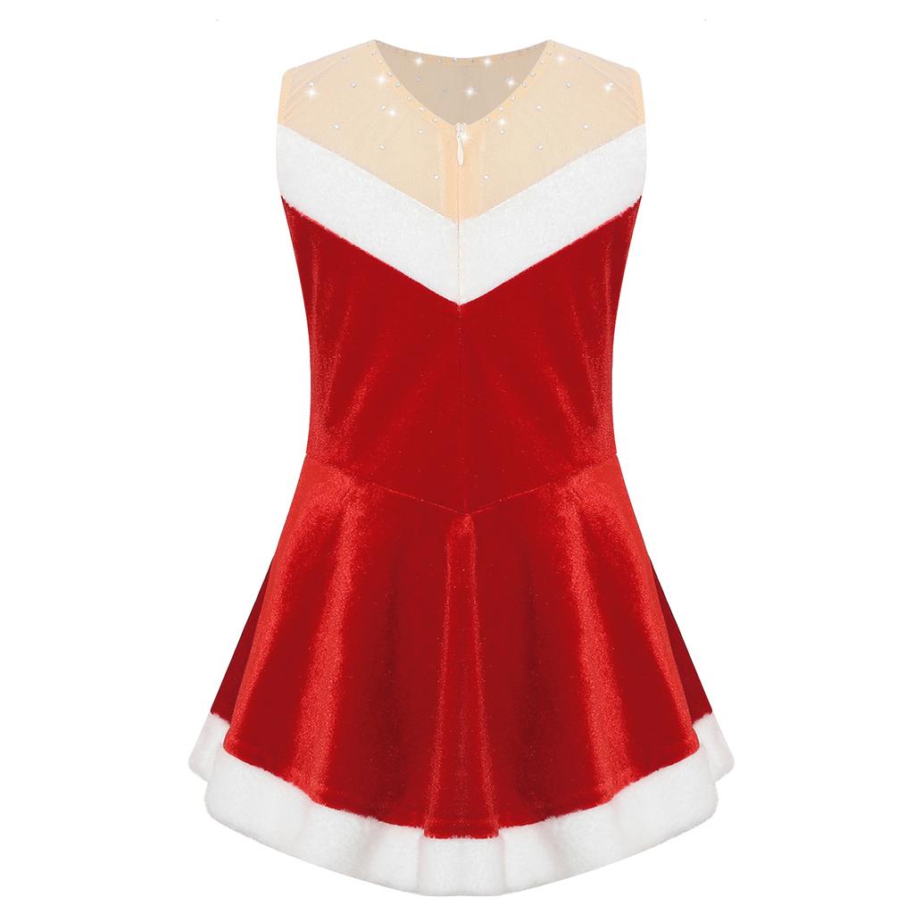 Girls Santa Claus Costume Soft Flannel Design Sleeveless Sequins Ballet Dress Ice Skating Bodysuit