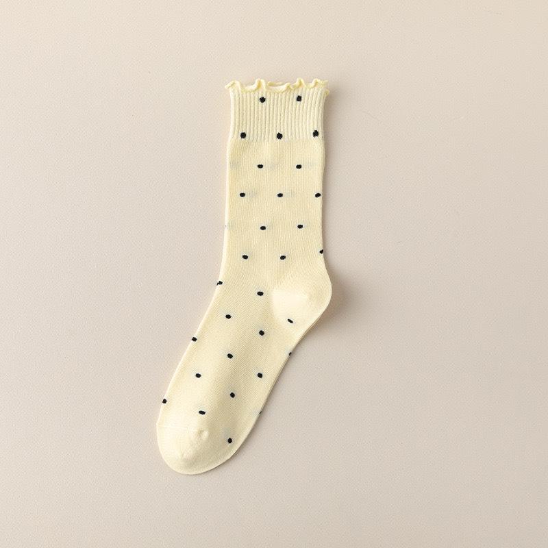 Women's Japanese Style Mid-Calf Cotton Lace Socks, Ruffle Edge, Polka Dot, Versatile for Spring to Autumn