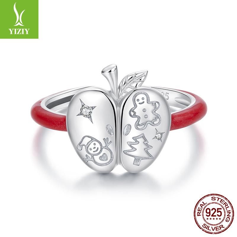 Yinziyun S925 Sterling Silver Romantic Christmas Apple Open Ring Gift