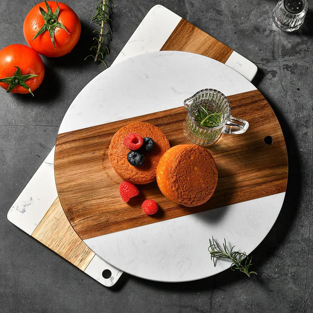 1Pc Food Grading Wood And Marble Cutting Board Fruit And Bakery Serving Board Kitchen Gadgets Kitchen Accessories Home Kitchen