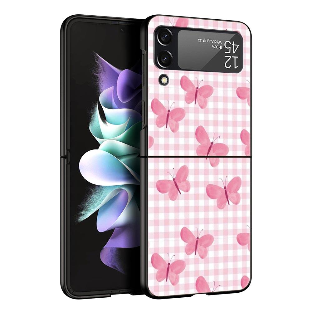 Phone Case for Samsung Galaxy Z Flip 3 4 5 6 7 Folding Black Shell For Samsung Z Flip4 Flip5 PC Hard Cover Pink Grid