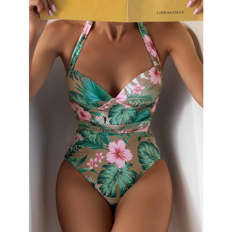 2026 New Printed Conservative One-Piece Halter One-Piece Hard Bag European and American Sexy Swimsuit