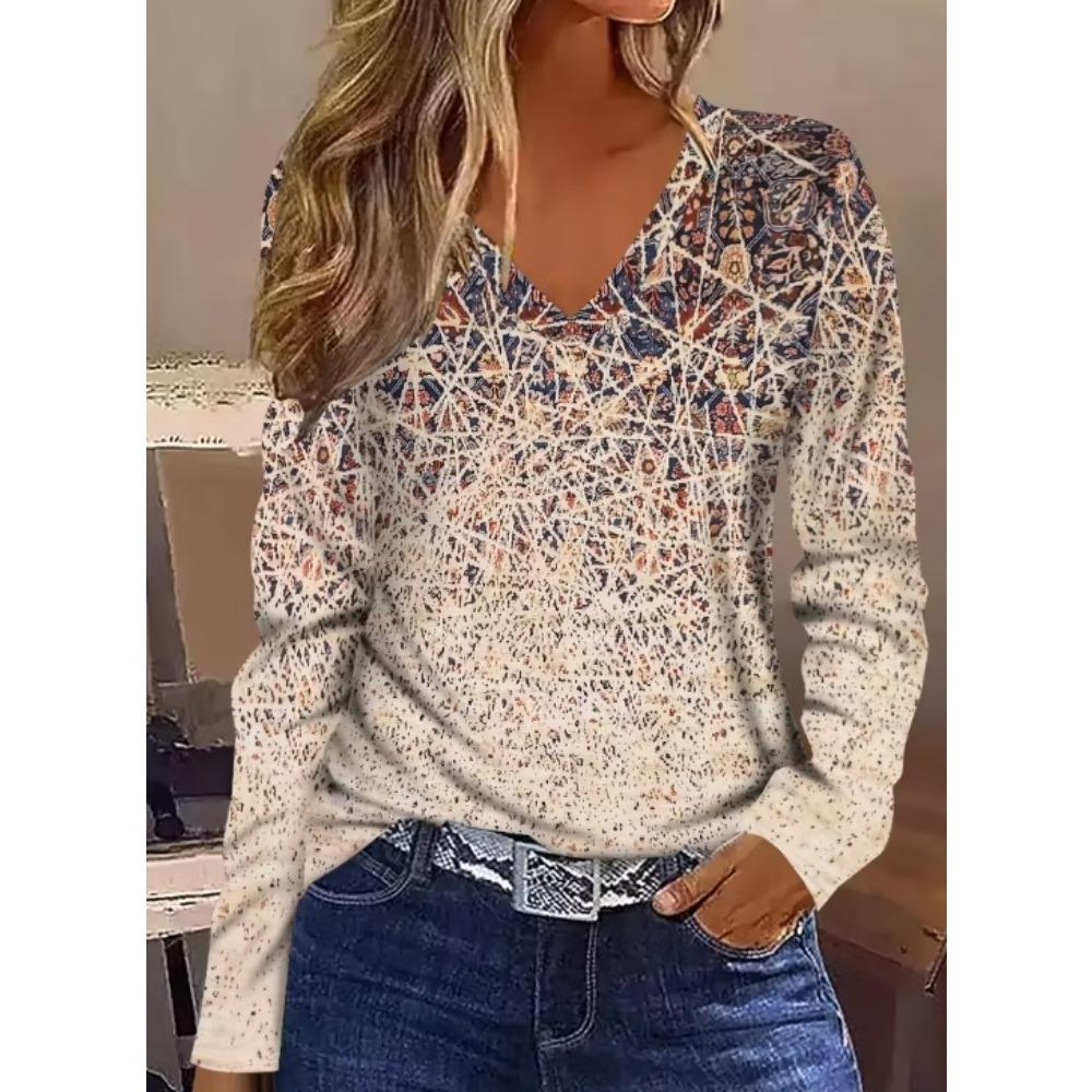 Ladies' Elegant Casual Long Sleeve T-shirt - V-neck Contrast Stripe 3D Pattern Print
