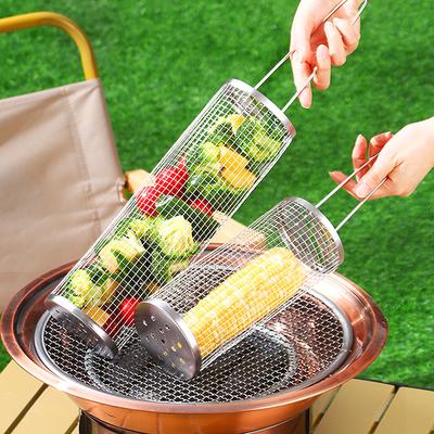 Stainless Steel Barbecue Cages Grill Basket Camping Cookware Outdoor Portable Round Bbq Campfire Grid Rolling Grill Basket