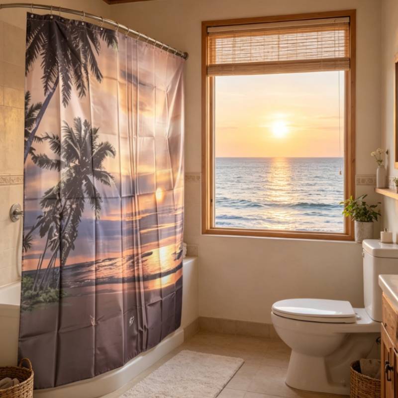Modern Minimalist Beach Scene Shower Curtain With Polyester Fabric For Bathroom Decor