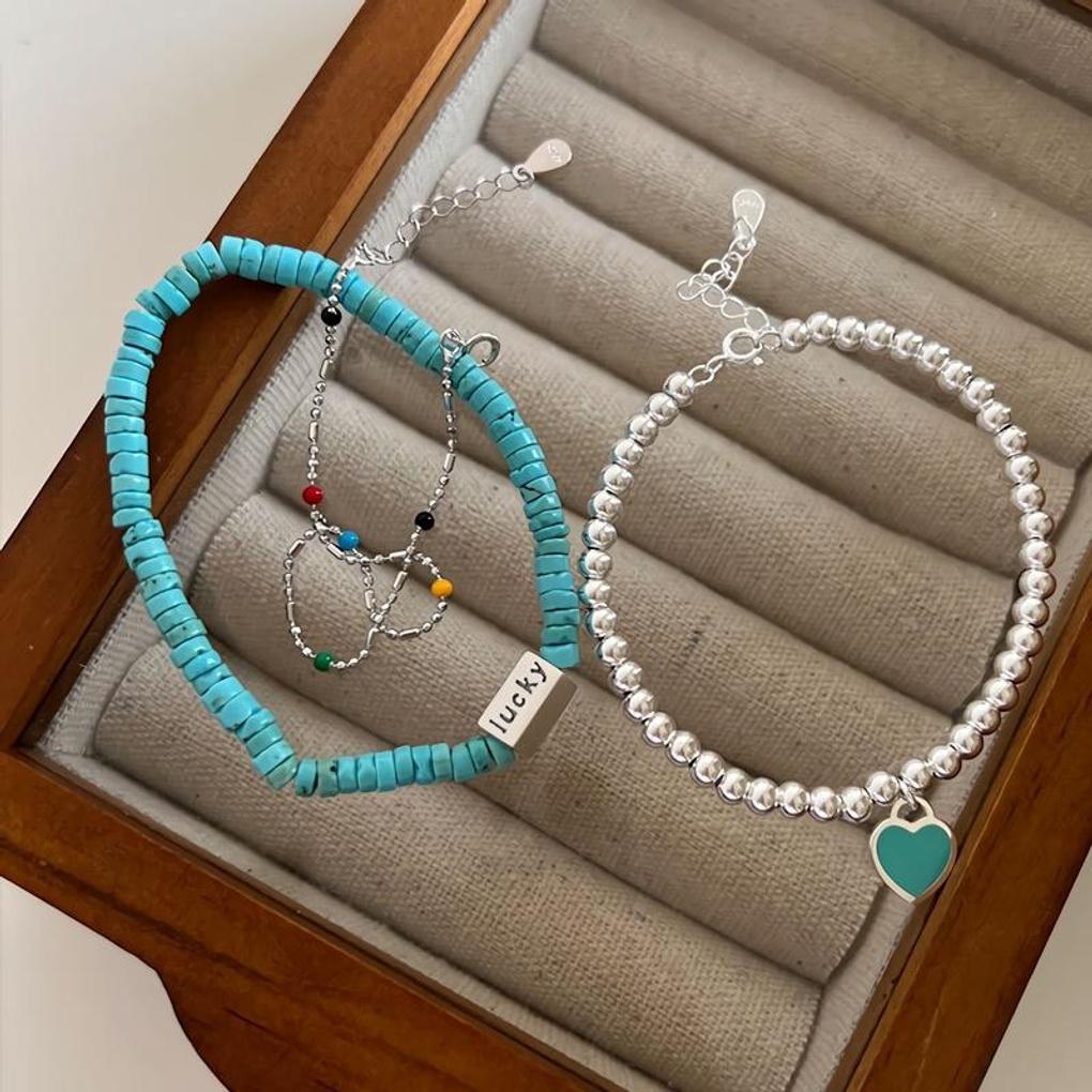 Damen Armband Kette Kugel mit blauem Herz aus 925 Silber