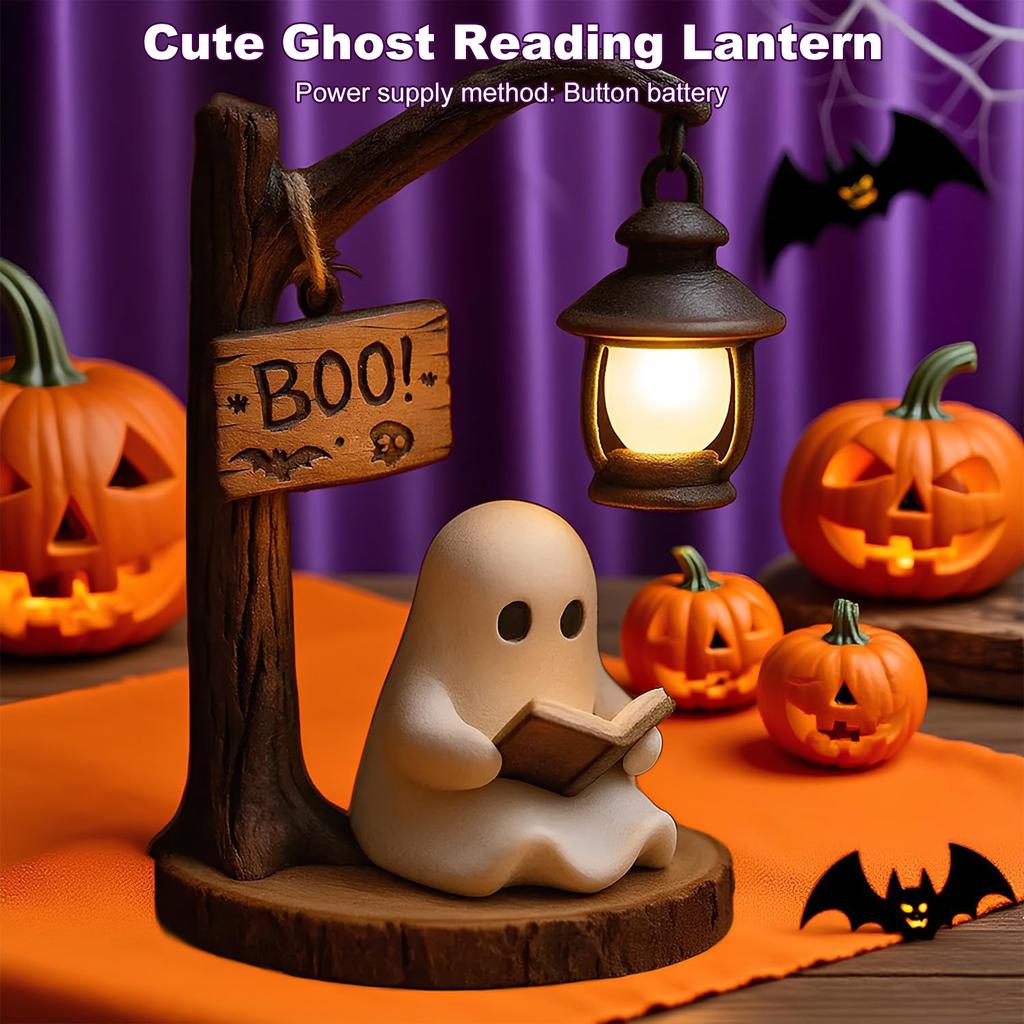 Cute Ghost Reading Lantern Resin Ghost Reading Book Lamp Halloween Ghost Night Light Ghost Halloween Decor
