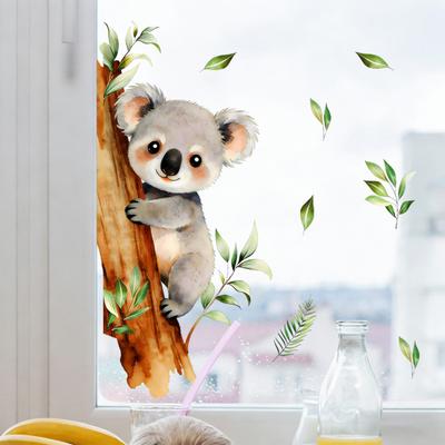 Removable Koala Window Cling Cute Koala On Branch Sticker Watercolor Animal Static PVC Decals for Kids Baby Bedroom Nursery