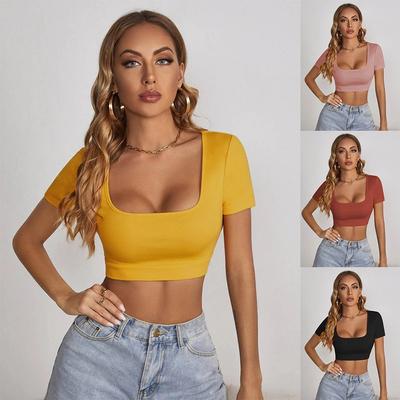 Women's Short Sleeve T-shirt Square Neck Navel T-shirt Sexy Slim Street Style Short-sleeved Female