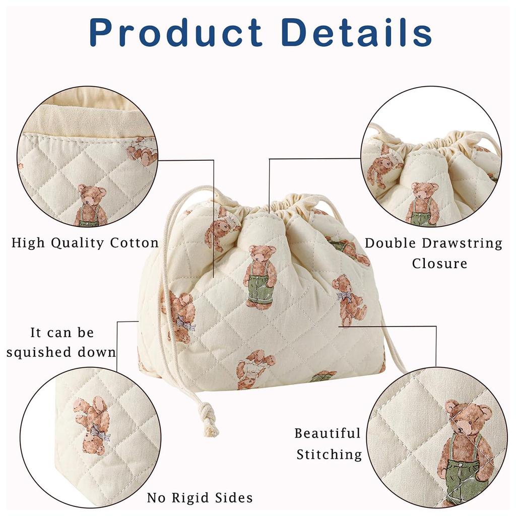 Cotton Quilted Drawstring Makeup Bag with Canvas Lining Aesthetic Cute Travel Toiletry Bag Drawstring Gift Bag Women and Girls