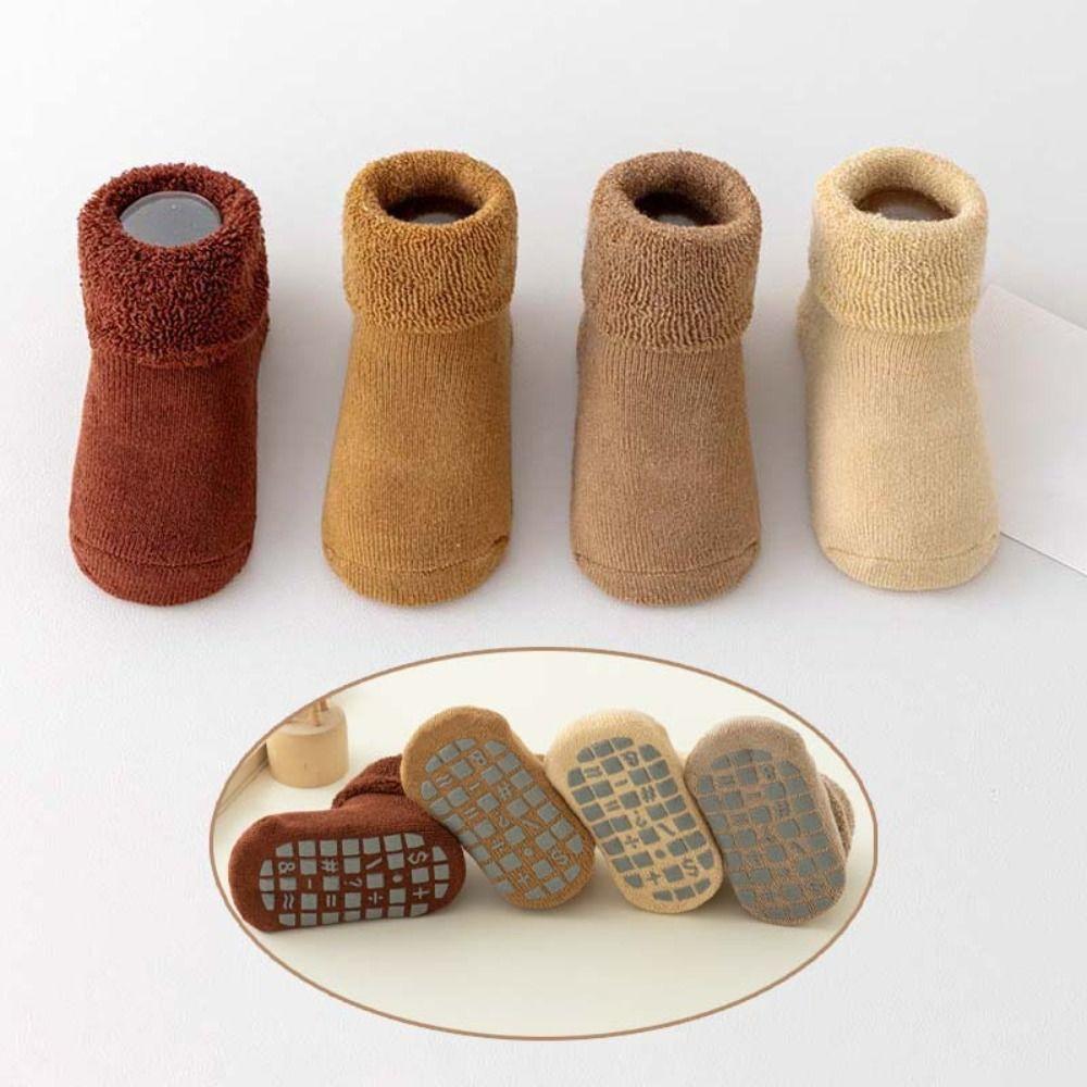 4Pairs Solid Color Thicken Baby Socks Anti-slip Home Sleep Socks  Autumn&Winter
