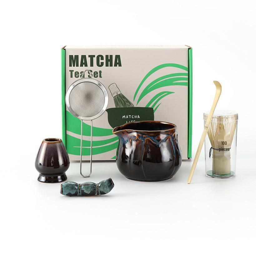 Ceramic Japanese Matcha Tea Ceremony Set with Hundred-Pronged Whisk, Holder, and Brush