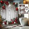 1_4pcs Christmas Winter Decorative Shower Curtain Set, Including Ball-Shaped Holly Holiday Red, Green And Washable Christmas H