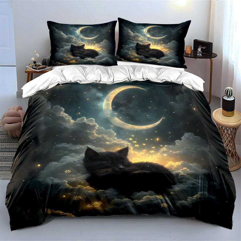 Dreamy Cat On Glowing Clouds Print Bedding Set 1 Duvet Cover 2 Pillowcases for Adult and Children Luxury Gift Full Size