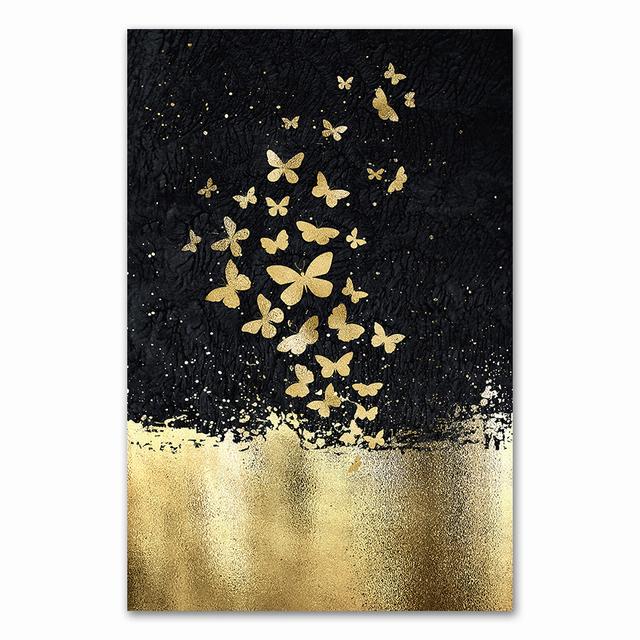 Cuadro artístico de pared de mariposa y pez dorado Negro nórdico, lienzo impreso, cuadro decorativo para sala de estar, decoración del hogar, sin marco
