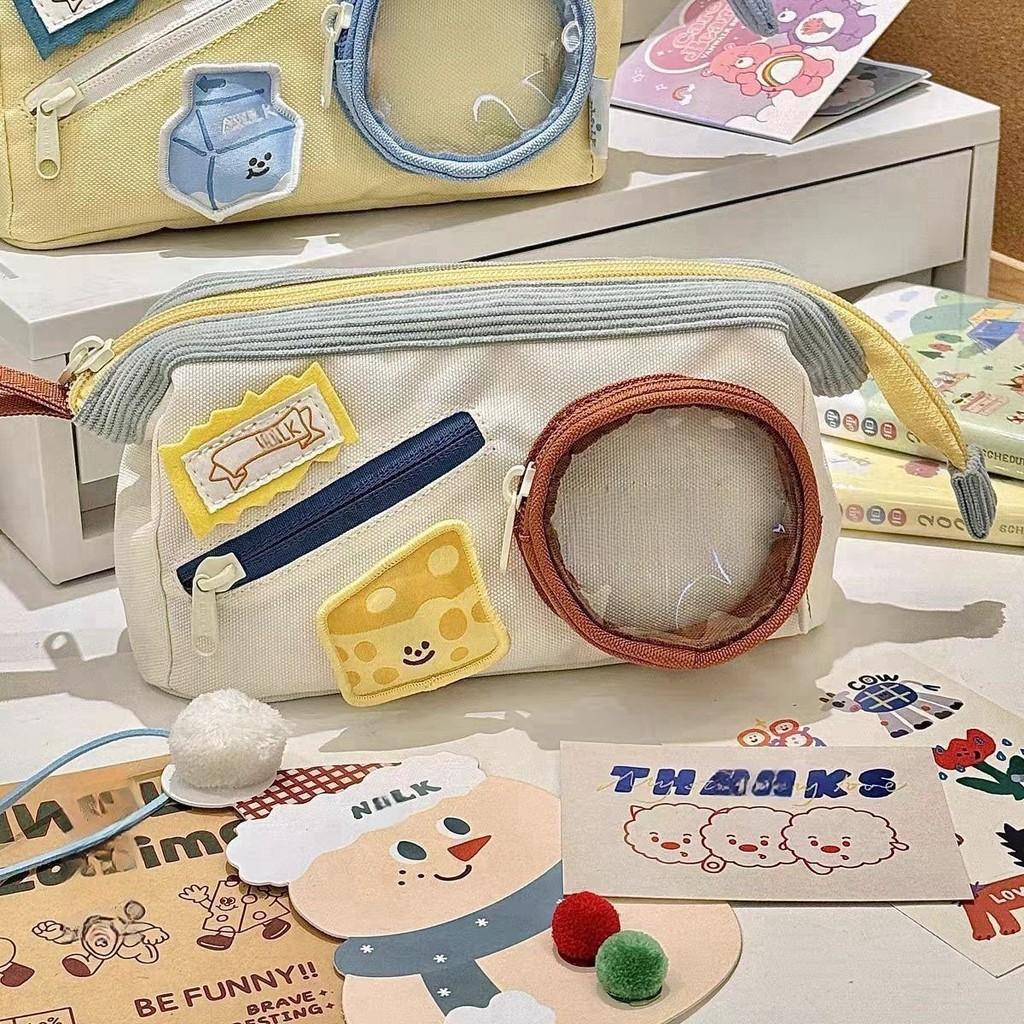 Adorable Food Print Canvas Pencil Holder With Multiple Compartments For School Supplies