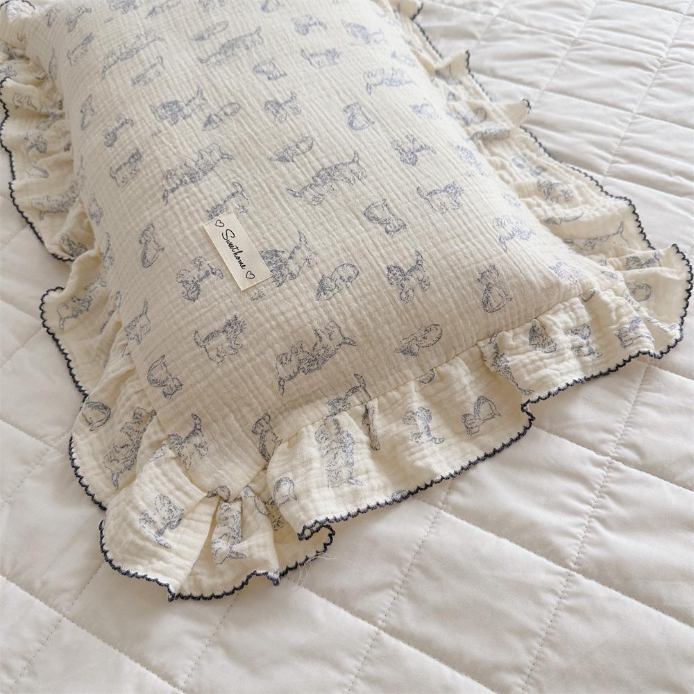 Small Floral Ruffle Lace Double Layer Cotton Gauze Pillowcase for Kindergarten
