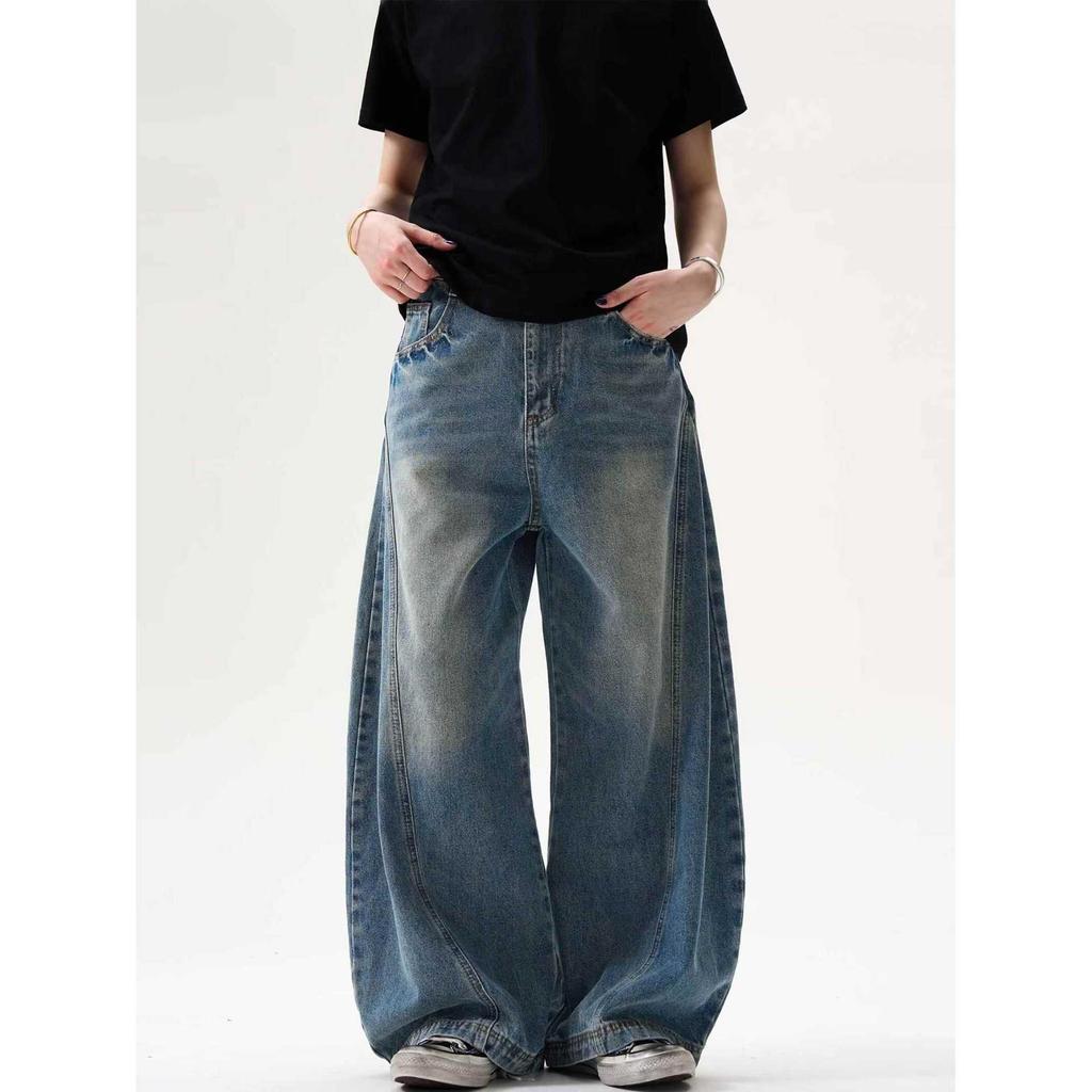 American Style Sickle Jeans Men's Retro Scimitar Design Washed and Old Men's Large Size Trendy Wide-leg Loose Pants