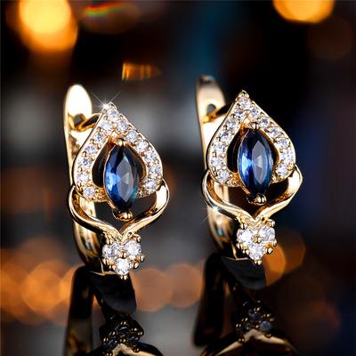 Orecchini a Clip Geometrici da Donna con Fiori di Zircone Blu, Colore Oro, Pendenti, Gioielli Vintage, Accessori per Feste