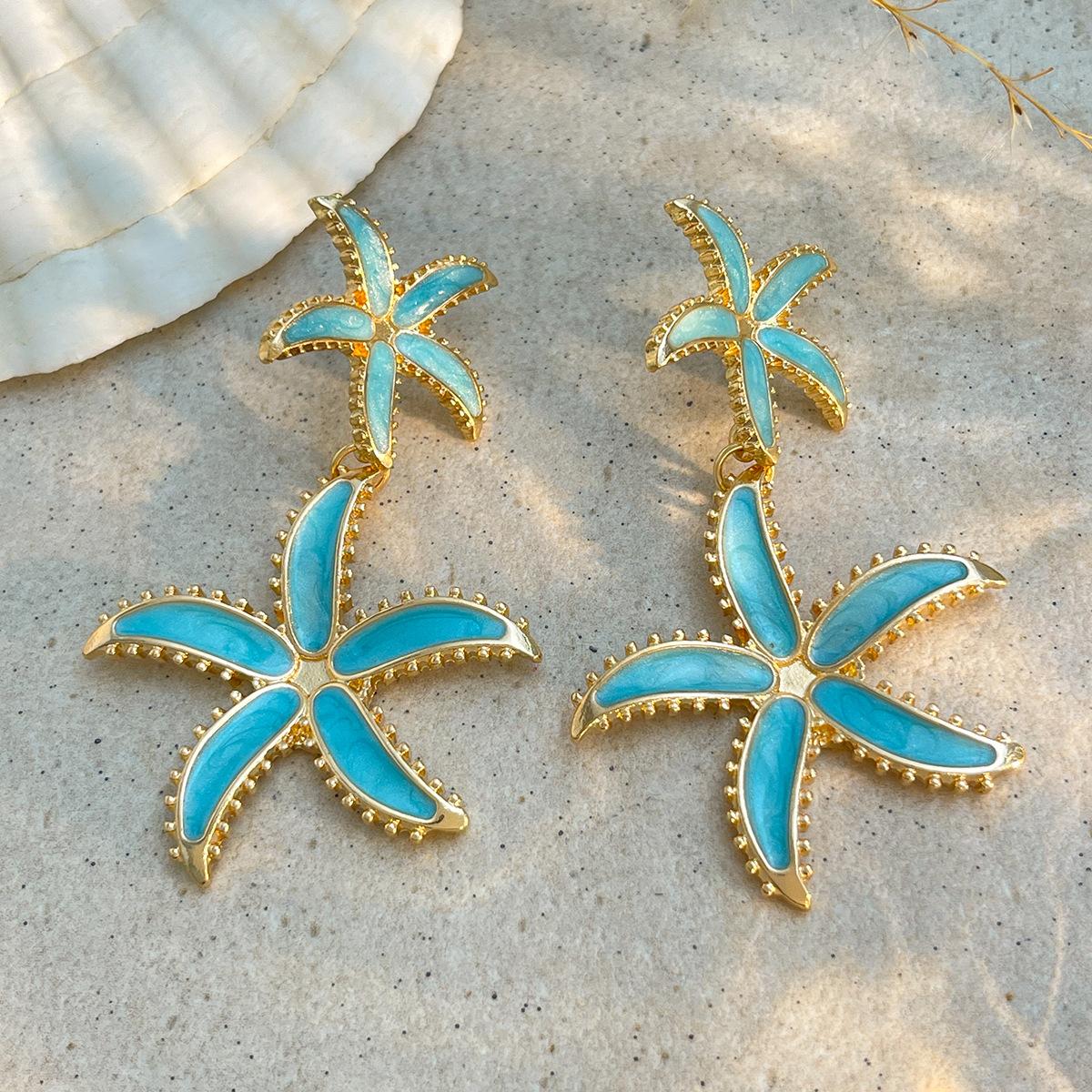 Fashion Dripping Oil Five-Leaf Flower Stud Earrings Female, Personalized Geometric Metal Starfish Earrings