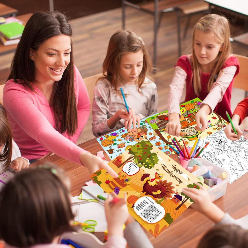 16pcs Thanksgiving Coloring Placemats for Kids 2-Sided Disposable Turkey Placemats to Color Paper Place Mats/Poster for Thankful Activity Happy