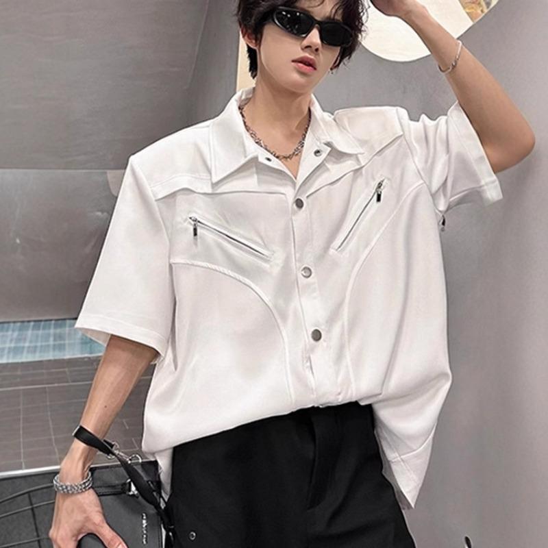 Herren Reißverschlusstasche Oversized Kurzarm Button-Down Hemd Lässiges Streetwear Top