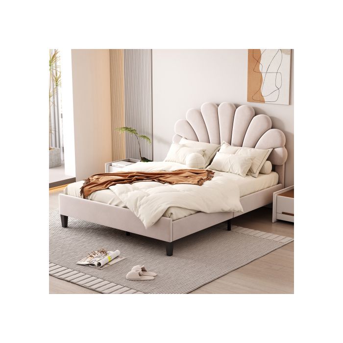 Pat dublu tapițat - MUVOE - 140 x 200 cm - Tăblie florală - MDF robust - Montaj ușor