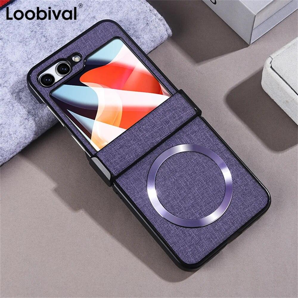 Leather Case for Galaxy Z Flip5 Magnetic Charging Phone Case for Samsung Z Flip 5 5g Luxury Cloth Slim Cover with Glass Film Protection Cover
