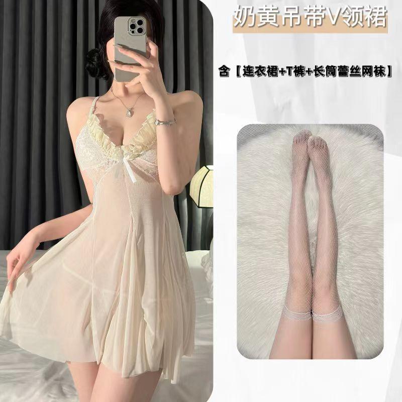 Sexy Suspender Dress Beautiful Back Homewear Pure Perspective Lace Sex Underwear Seduction Small Breast Uniform