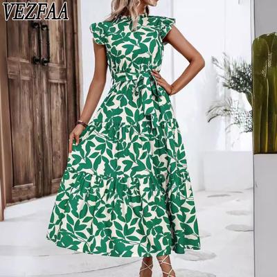 Women's Fashion Summer Spring Flower Pattern Print Short Sleeve Half Turtleneck High Waist Casual Dresses