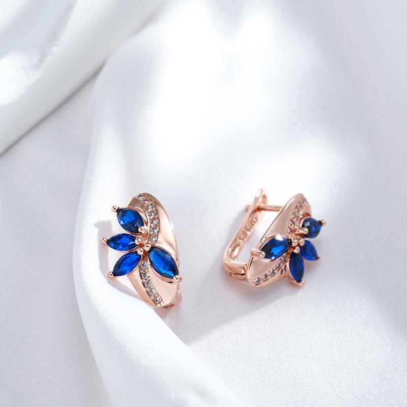New Blue Natural Zircon Flower Drop Earring For Women  Rose Gold Vintage Ethnic Bride Wedding Jewelry Party Accessories