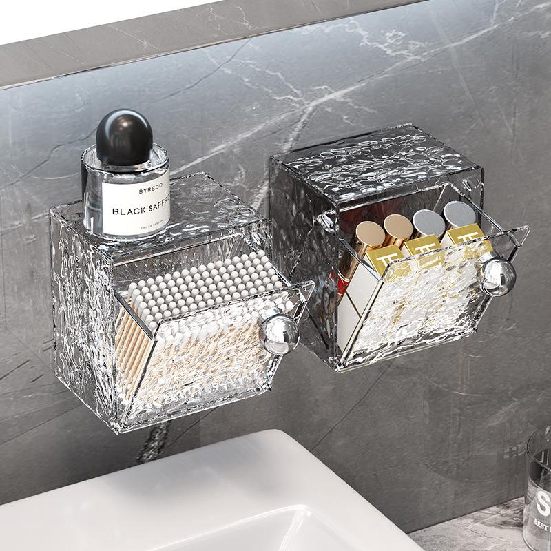 Caixa de Armazenamento de Banheiro de Parede Sem Furos com Espelho Dobrável e Porta Cotonetes à Prova de Pó.