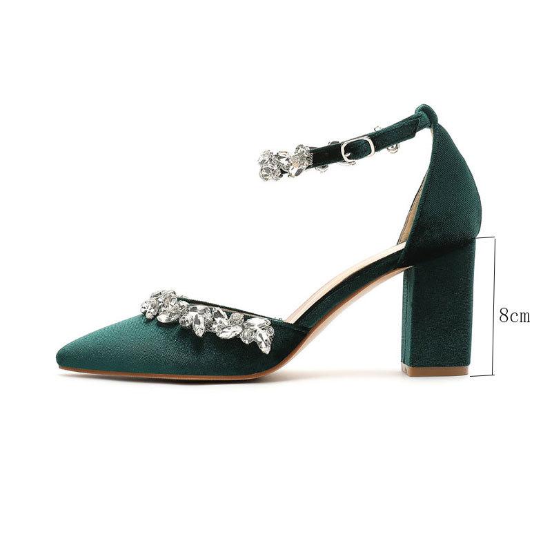 Heel High Heels Pointed Velvet Hollow Rhinestone One-word Buckle Wedding Shoes Bridal Shoes Bridesmaid Shoes Banquet Shoes Women