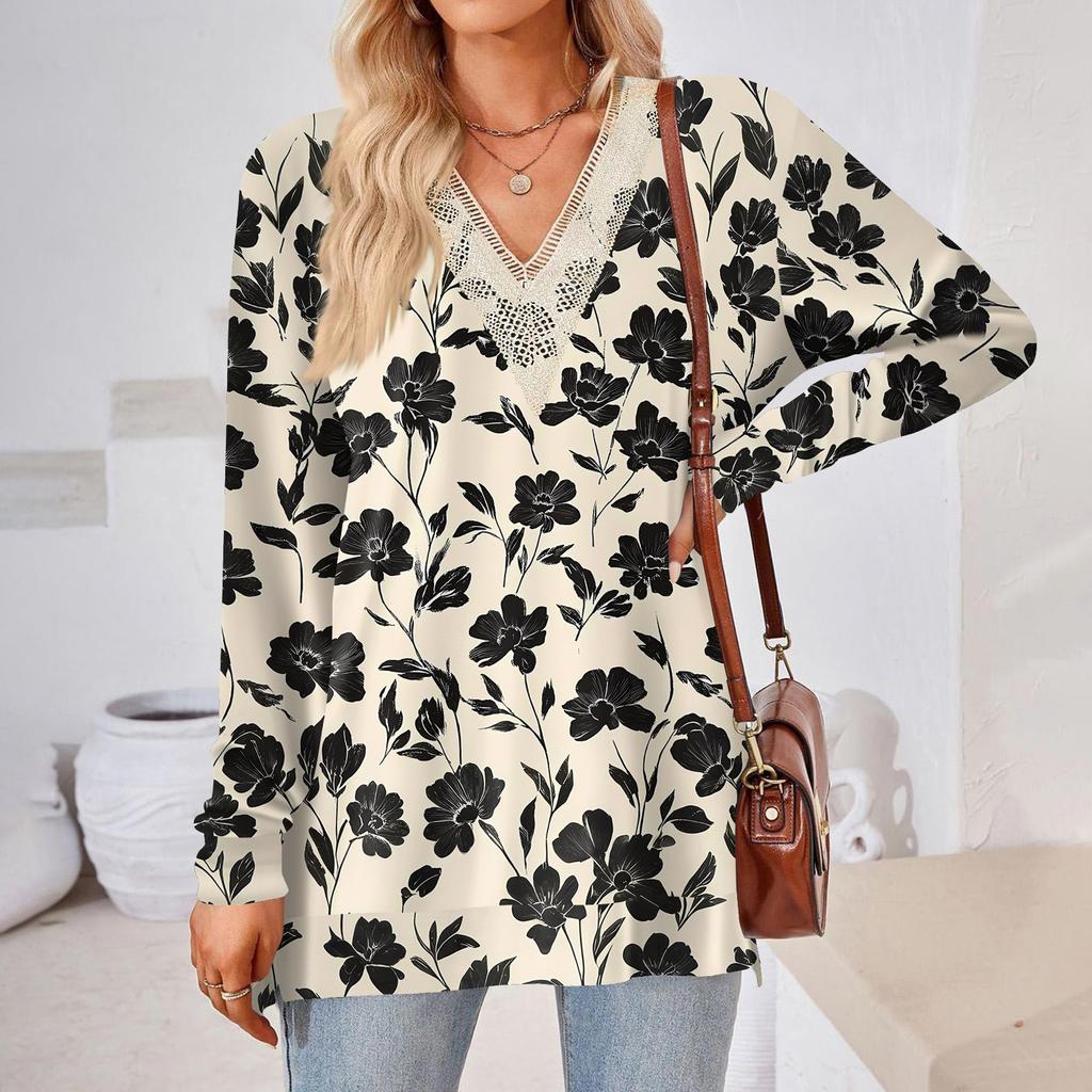 Womens Tops Loose V-neck Contrast Color Split Loose Long Sleeve T-shirt Women's Tops