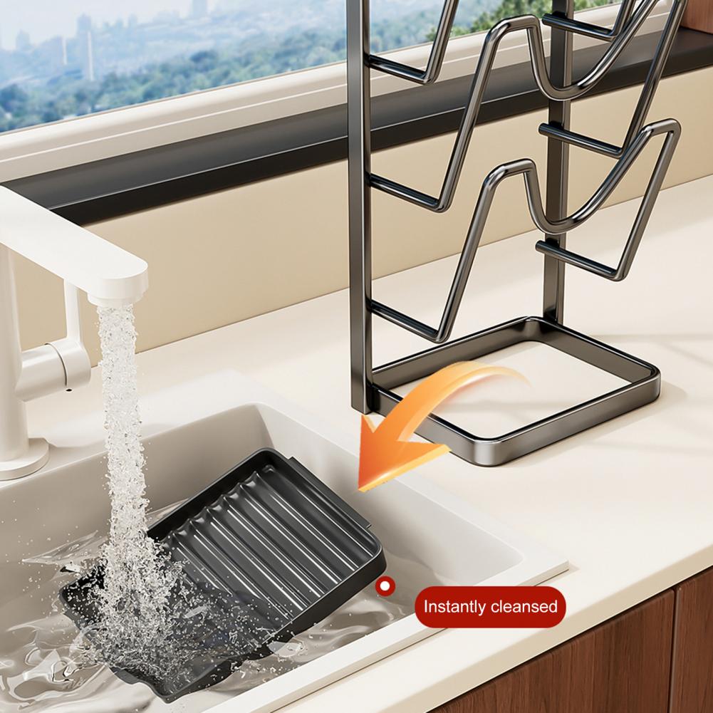 Kitchen Pot Lid Storage Rack Carbon Steel Pot Lid Holder While Cooking Pot Lid Stand with Spoon Rest Removable Drip Tray