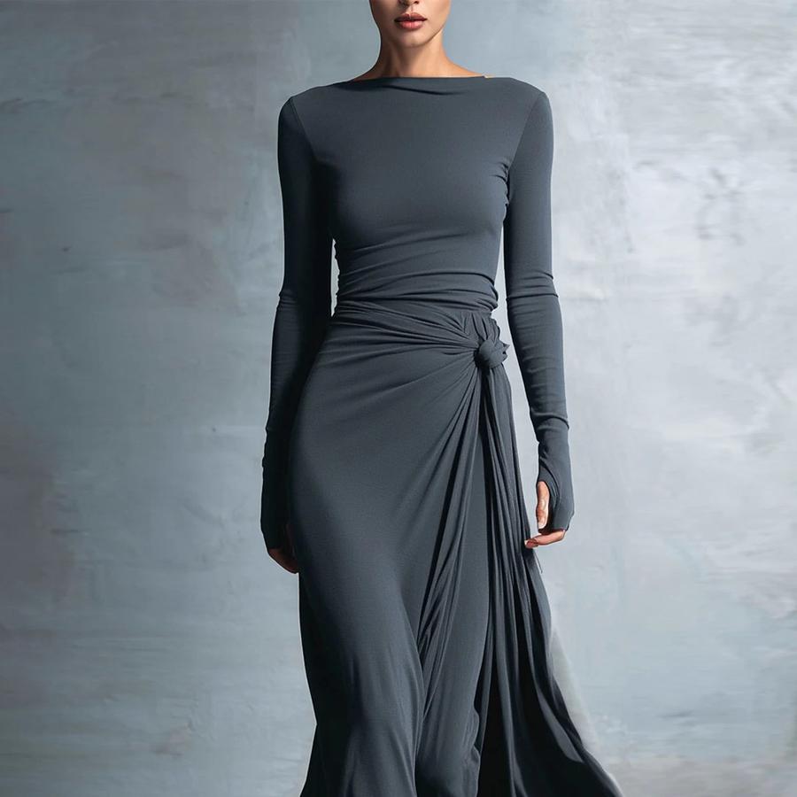 Fall New Women s Dresses Solid Color Elegant Wrap Long Dress with Accessories Long Sleeve S серый