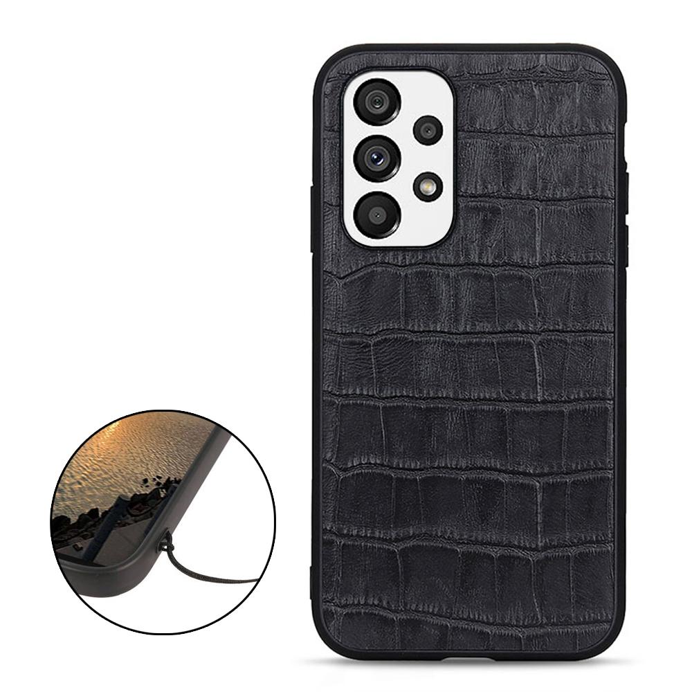 

For Samsung Galaxy A73 5G Crocodile Texture Genuine Leather Coating Cover Hybrid PC+TPU Inner Phone Case Black