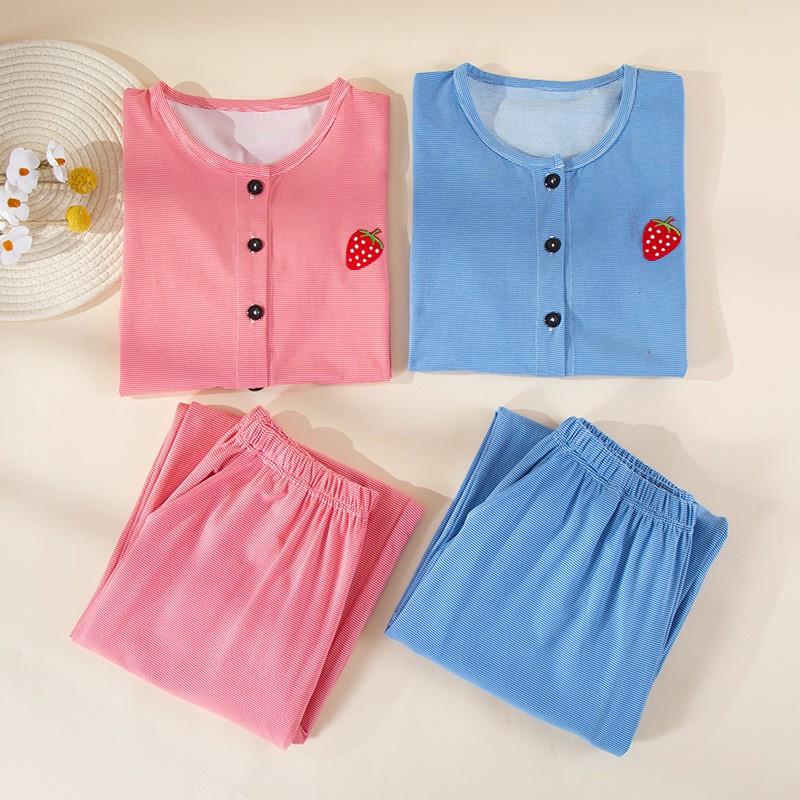 Womens Cotton Pajamas Set Long Sleeve Button Front Round Neck Soft Loungewear Pink Blue Strawberry Fall Winter