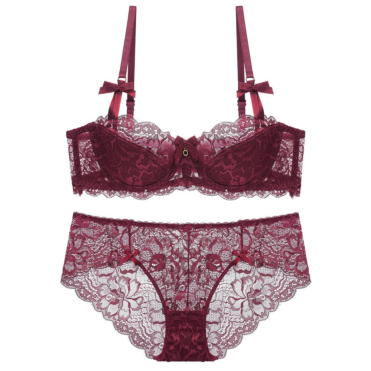 

French underwear women s sexy thin cotton breathable lace underwear large chest small anti-sagging large size bra 85E бордовий