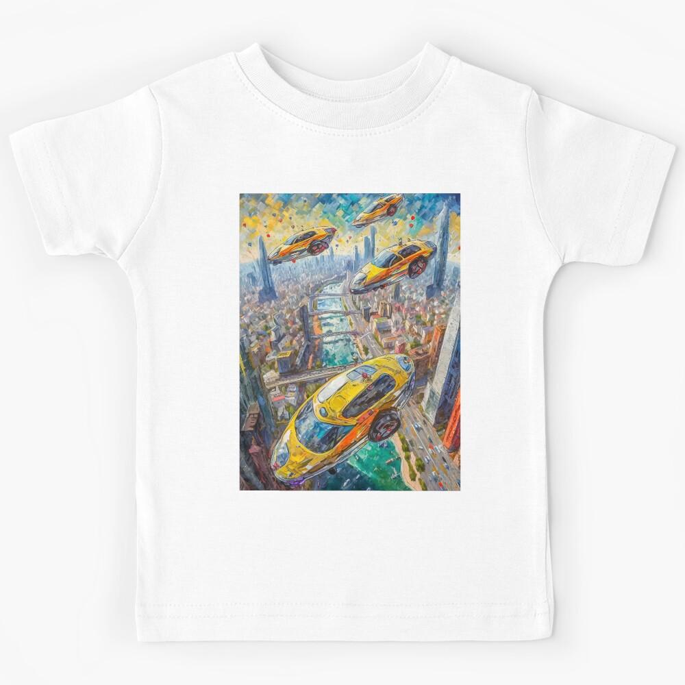 Flying cars over a futuristic city Kids T-Shirt 130