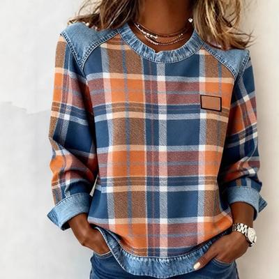 Neues Kariertes Patchwork Denim Rundhals Lockeres Damen-Sweatshirt