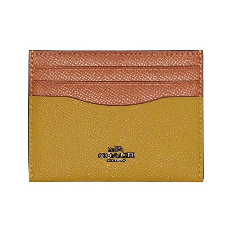 Coach Card Case With 10 Slots Open Pocket Crosshatch Leather Wallet Women Wallet Brown Linen-Yellow 12070-V5RQD